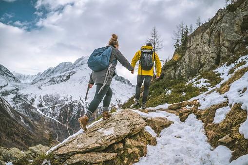 couple hiking in snow